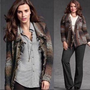 Cabi Frontier Fringe Striped Sweater 903 Brown Sz XL